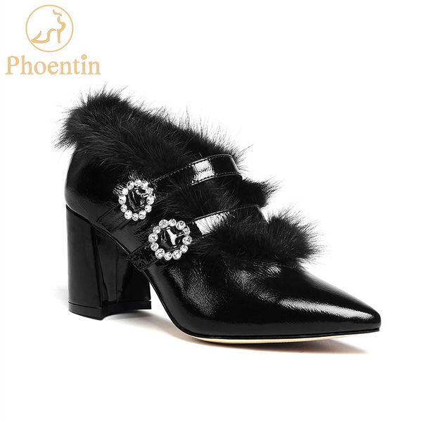 

phoentin black women ankle furry boots 2020 new crystal buckle fur boots ladies office shoes high hoof heels pointed toe ft542