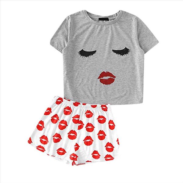 

jaycosin women clothes set loose 2pcs suit print short sleeve ruffled t shirt short pants sleepwear nightwear summer 2019, Gray