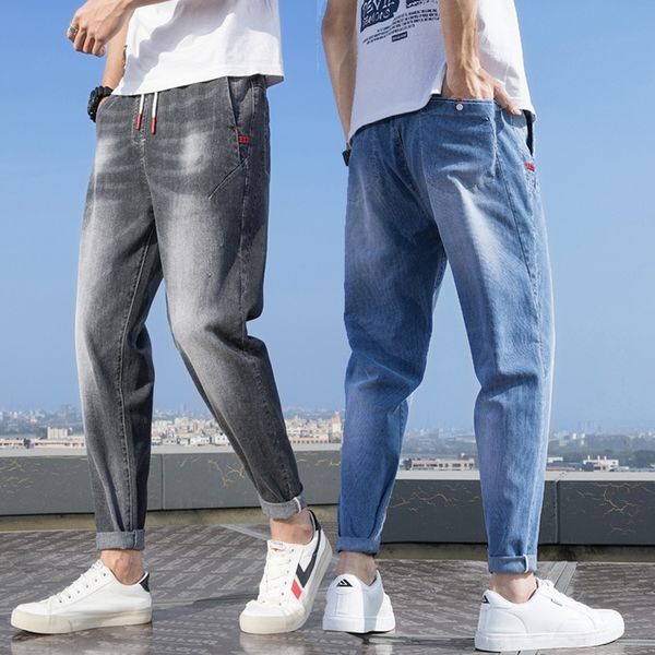 

summer men's loose fashion brand ankle-length pants jeans and jeans harlem large casual fat thin elastic waist slim cropped pants qzskq, Blue