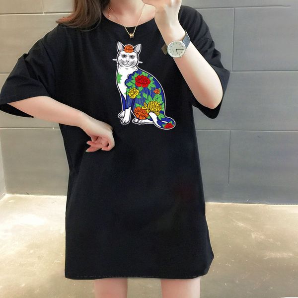 

Women DIY Dresses Fashion Cat Printed with Flowers Dress Ladies Casual Summer DIY Clothing 2 Color To Choose Womens Round Neck Dress
