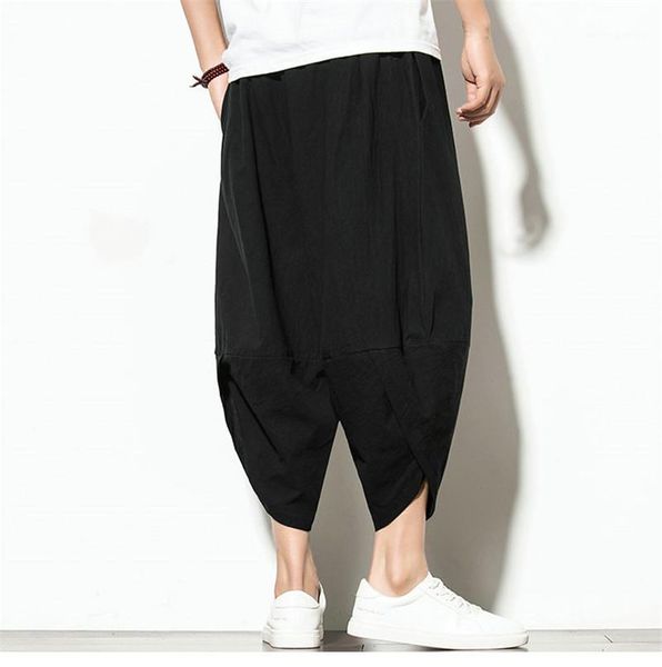 

casual linen cotton blend pants loose solid color printed pencil pants folk custom style male clothes summer mens designer, Black