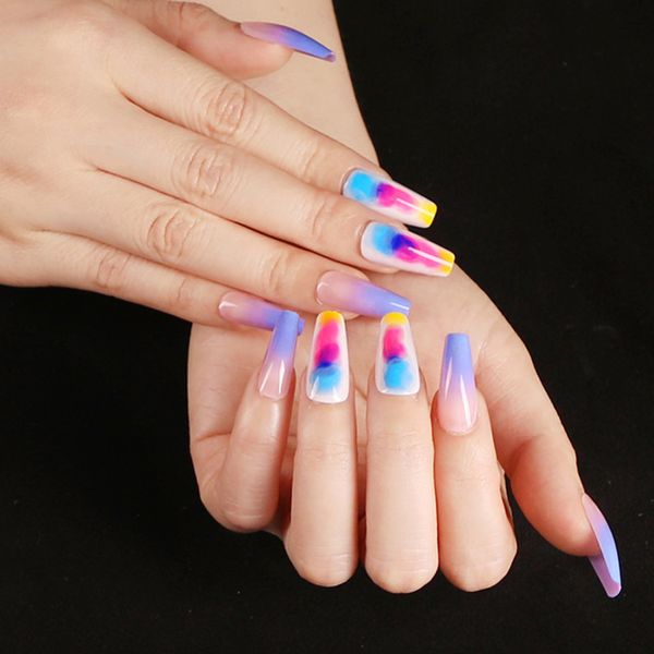 

24pcs purple gradient rainbow color ballet long coffin fake nails colorful beauty fashion style girls hands decoration d, Red;gold