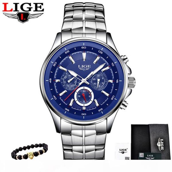 

lige watches men fashion brand multifunction chronograph quartz watch man sport wristwatch male clock relogio masculino, Slivery;brown