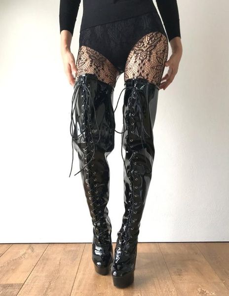 

black thigh high boots for women 15cm spike high heel custom wide fit leg 5cm platform ladies shoes lace up zip designer boots