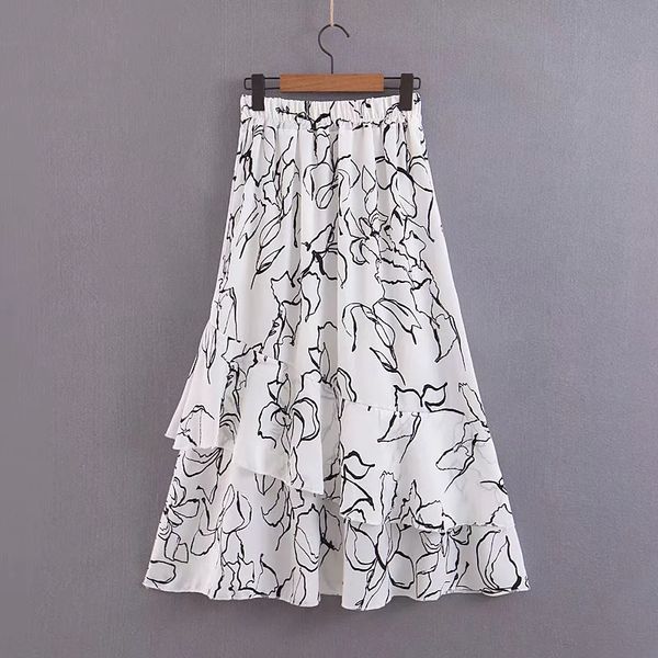 

klacwaya women chain pattern ruffles skirts 2020 summer ladies chic pleated midi skirts white-black boho girls high waist skirt