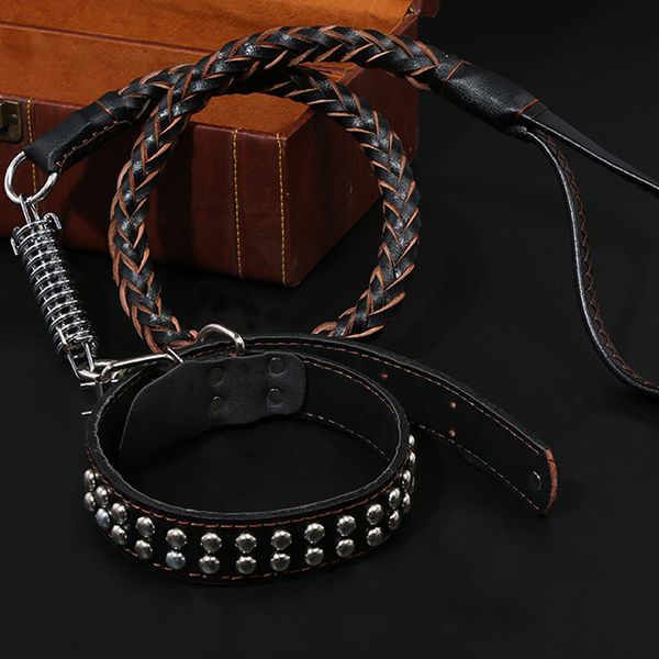 

50pcs leather large pet dog leash fashion big dog leads suit chain adjustable traction rope collar