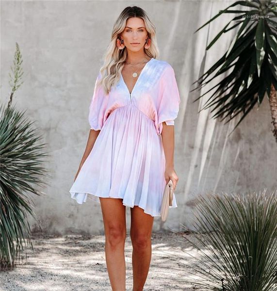 

women summer batwing sleeve high waist tie dye loose dresses famale clothes deep v neck dress for, Black;gray