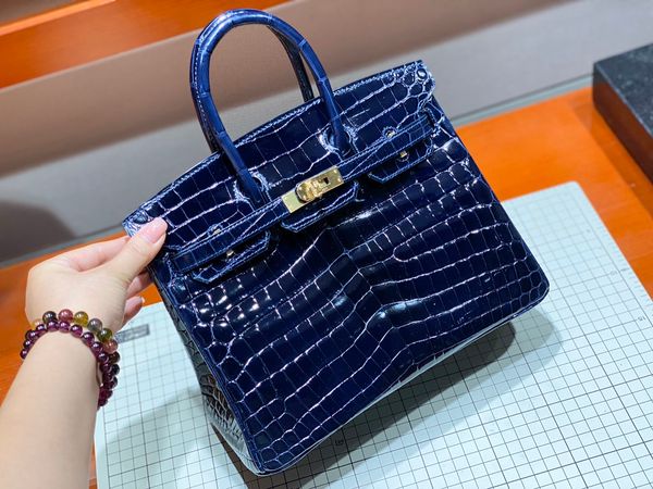 

factory wholesale deep blue shinny crocodile handbag 25cm,fully handmade wax thread,can make other size,many colors for chosen,fast delivery