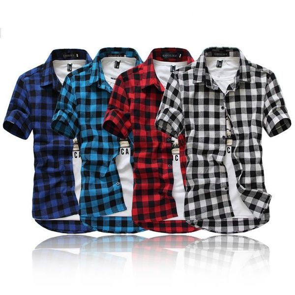 

summer spring fashion chemise homme mens short sleeve plaid shirt, White;black