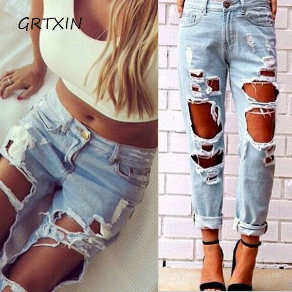 

women's jeans women destroyed ripped distressed slim denim pants boyfriend trousers, Blue