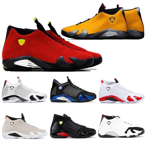 

mens basketball shoes 14 14s reverse gold yellow red candy cane last sblack toe desert sand thunder dmp suede sports trainers 7-13, Black