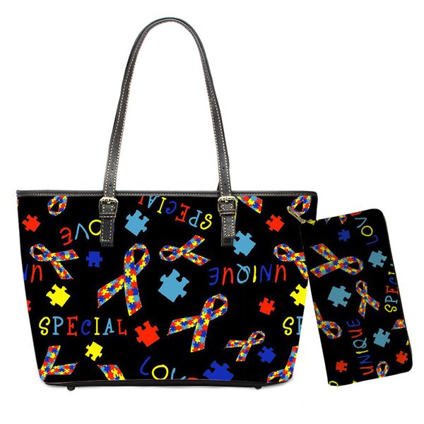 

gift pu purses bags autism awareness design 2pcs set handbags for women casual travel tote bag messenger bag