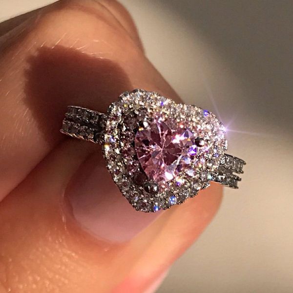 

modyle 2020 new luxury female silver color engagement ring pink white zircon heart wedding ring for woman, Slivery;golden
