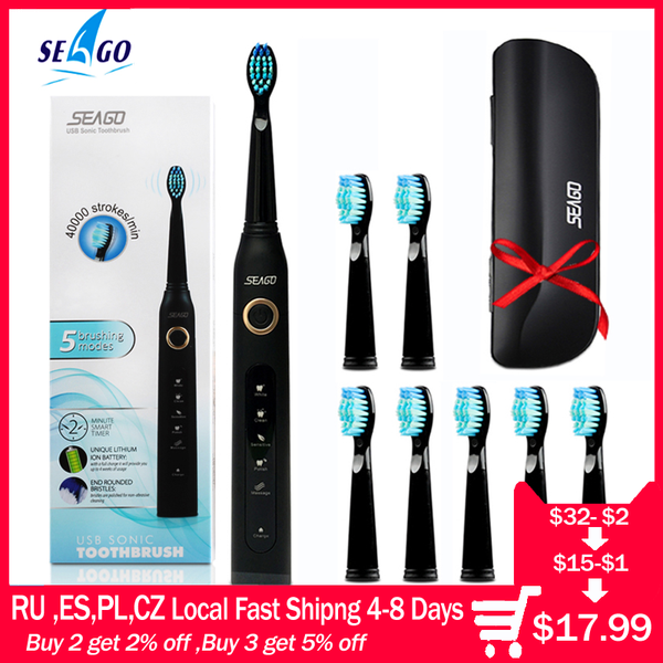 

seago sonic electric toothbrush sg-507 timer brush 5 mode usb charger rechargeable tooth brushes replacement heads set