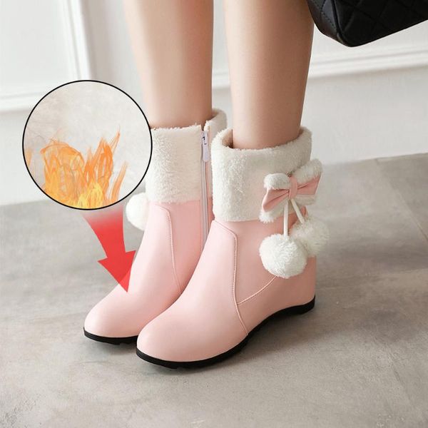 

plus size 34-43 women boots autumn winter warm fur new fashion pu mid-calf snow boots pink white increased high-heeled shoe, Black