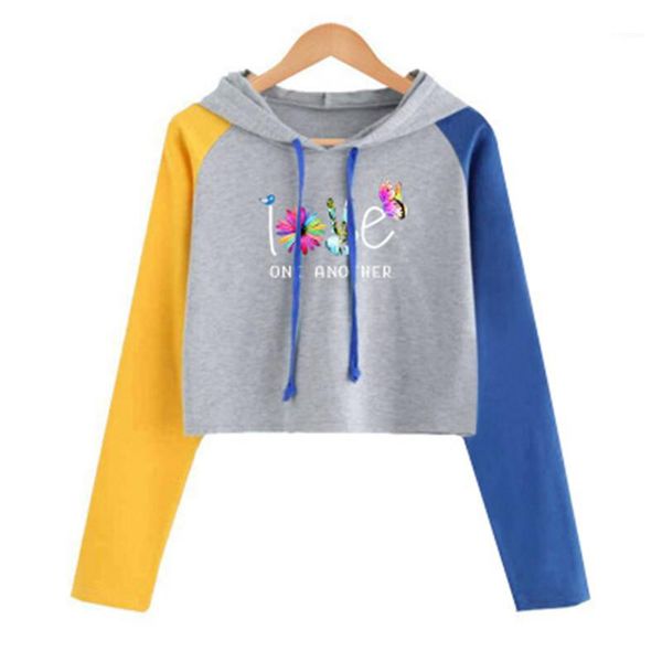 

designer female loose casual pullover hoodies ladies colorblock long sleeve hoodies fashion trend love flowers hooded short sweatshirt, Black