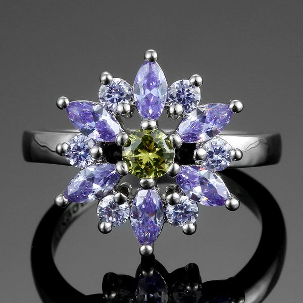 

light purple flower jewelry rings for women luxury spinel 925 sterling silver ring fashion anniversary party gifts wholesale, Golden;silver