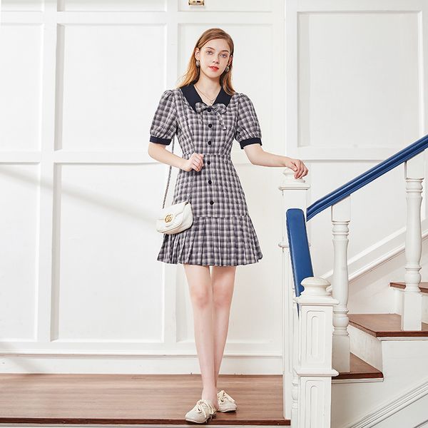 

net red women's new fashion temperament retro pleated plaid high waist slim dress side drape dress dresses vestido, Black;gray
