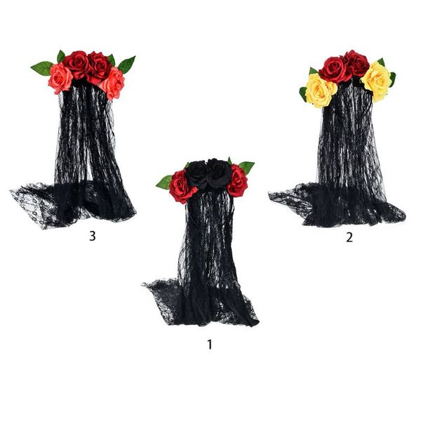 

hair accessories women bridal halloween wedding headband crown contrast color faux rose flower day of the dead hoop with black lace veil