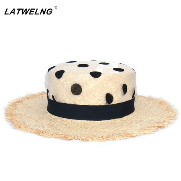 

2020 brand design dot polka print uv sun protection hats for women wedding caps ladies girls raffia summer beach hat, Blue;gray