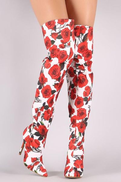 

fashion flower elegant over the knee boots high heel slim long pointed toe leather zipper botas luxury shoes woman 2020, Black