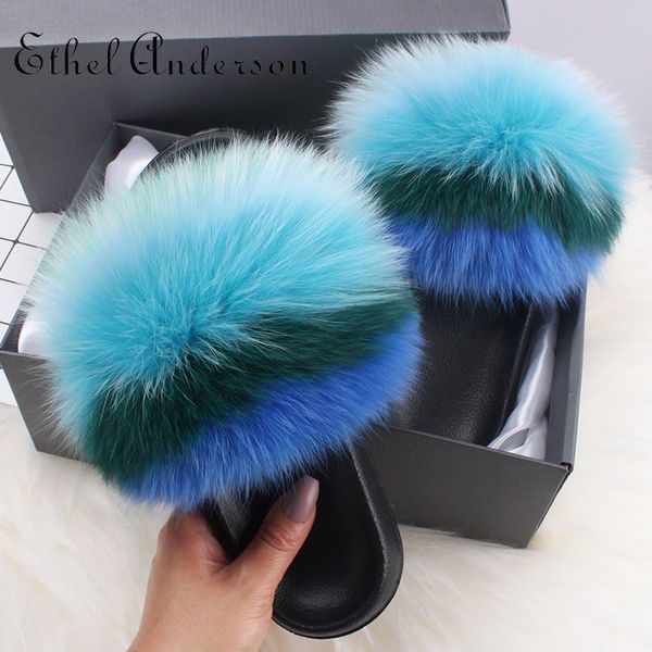 

ethel anderson women real fur slippers shoes flip flops flat furry raccoon fur slides cute outdoor colorful sandals shoes, Black