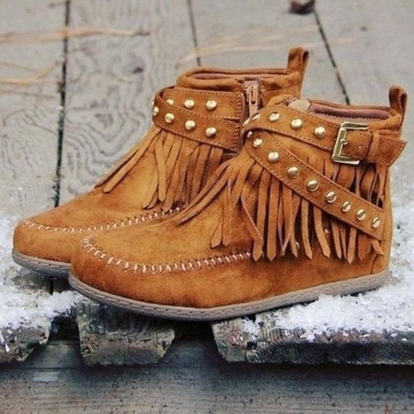 

women ankle short boots tassels big size round toe boots side zipper rivets bare warm non-slip shoe for ladies botas mujer, Black