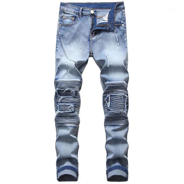 

hole jeans slim elastic force zipper fly straight male clothing mens designer casual jeans light color, Blue
