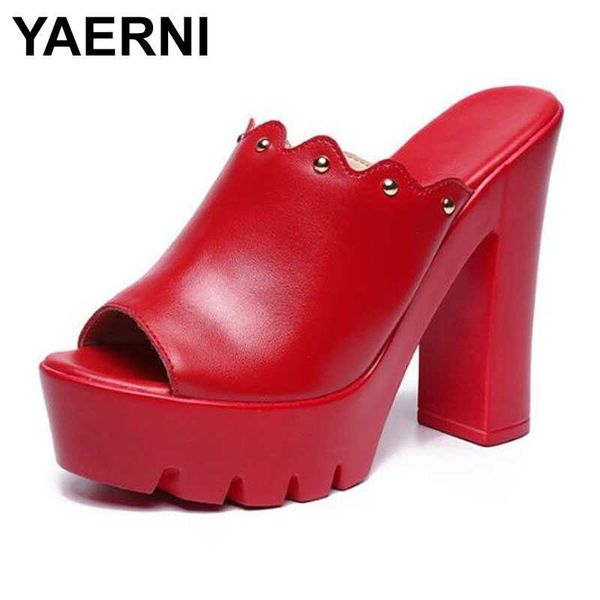 

yaerni open toe plus size 32-43 block heels platform shoes woman summer slippers2020 super heels leather slides women slippers, Black