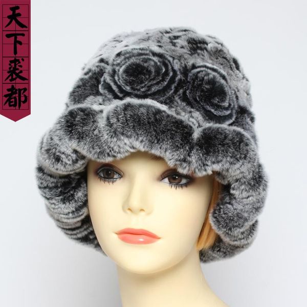 

lady handmade knitting genuine real rex fur beanie winter warm 100%natural fur hat fashion floral style real caps, Blue;gray
