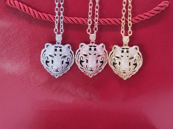 

fashion lady women brass 18k gold long necklaces with full diamond green eyes zircon tiger head pendant, Silver