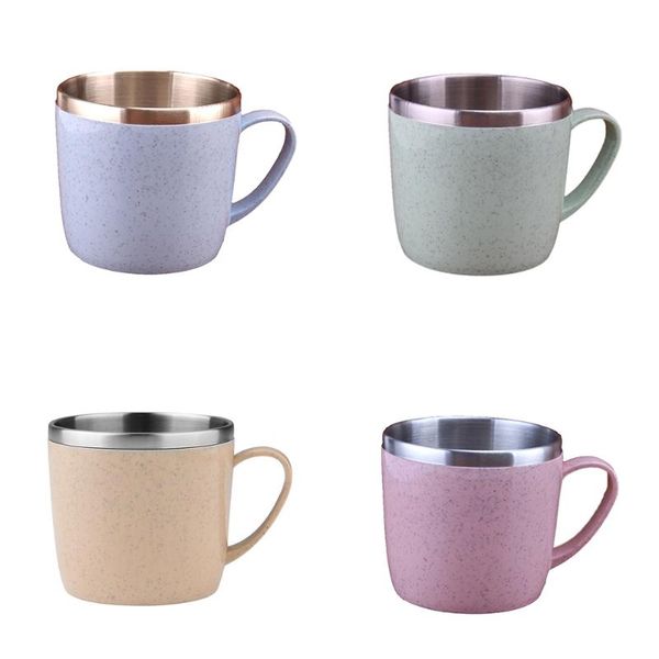 

220ml stainless steel wheat straw children's water cup with handle insulation solid color khaki / blue / green pink home cup