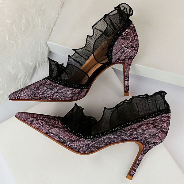 

2020 women 8cm high heels stiletto lace purple bling crystal pumps luxury elegant lady shoes low heels scarpins party prom pumps, Black