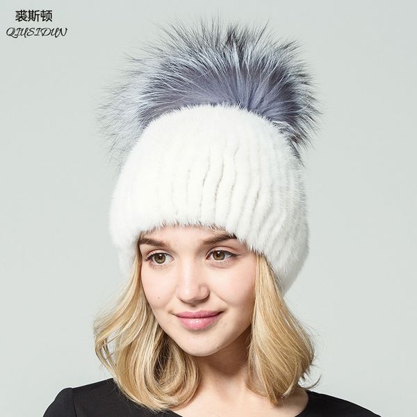 

real hats winter 2020 russian fur cap warm fur knitted beanie fashion new pattern stripe mink elastic imported hat, Blue;gray