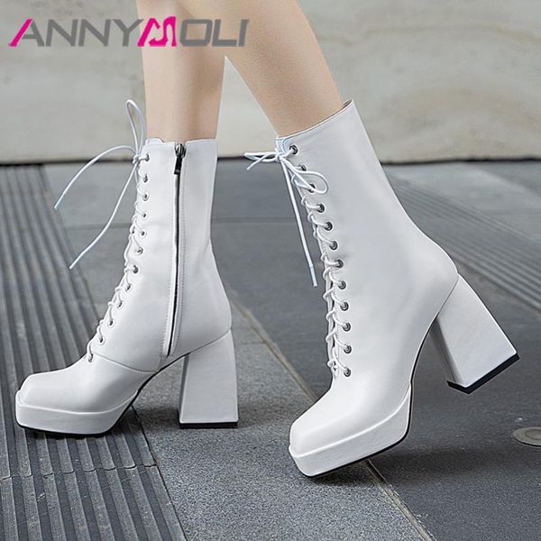 

annymoli real leather platform extreme high heel mid calf boots women shoes square toe block heels zip lace up lady boots winter, Black
