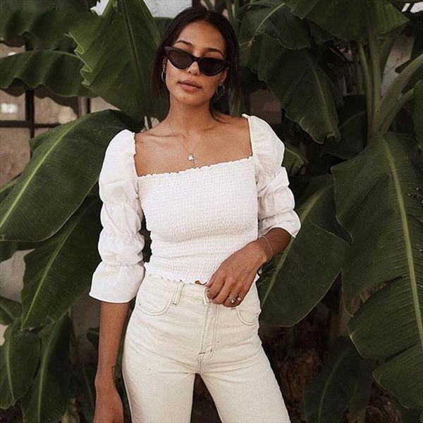 

vintage square neck smocked blouse shirt women puffed 3 4 sleeve white crop summer high street slim blouse blusa 2020