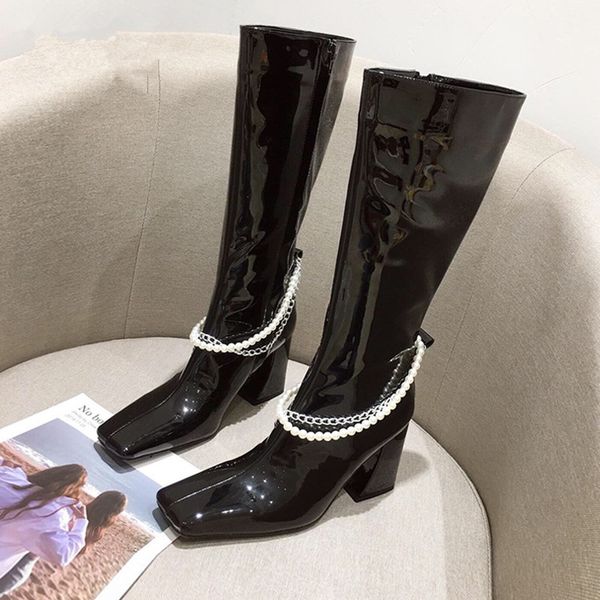 

autumn fashion string bead metal chain decor women knee high boots square toe thick heels ladies shoes patent leather long boots, Black
