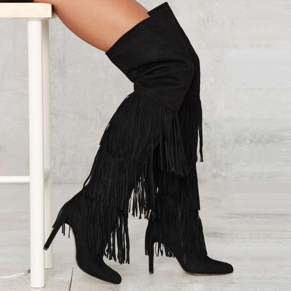 

stunning2020 tassel high women's heel knee large size thigh boots, Black