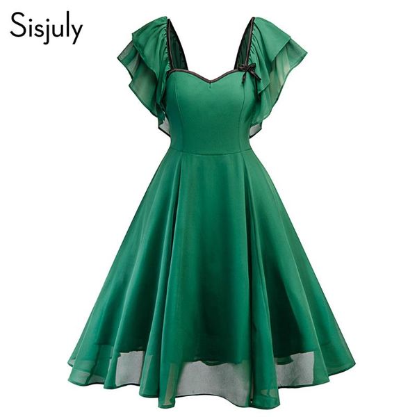 

sisjuly women summer dress solid ruffle sleeve elegant a line retro sparty dresses fashion 2020 vintage dress for girl, White;black