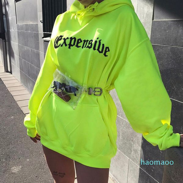 Mode-Frühling Herbst Frauen Casual Sweatshirt Trendy Lose Tasche Str Mit Kapuze Neon Grün Brief Drucken Lange SleeveTrend Kleidung