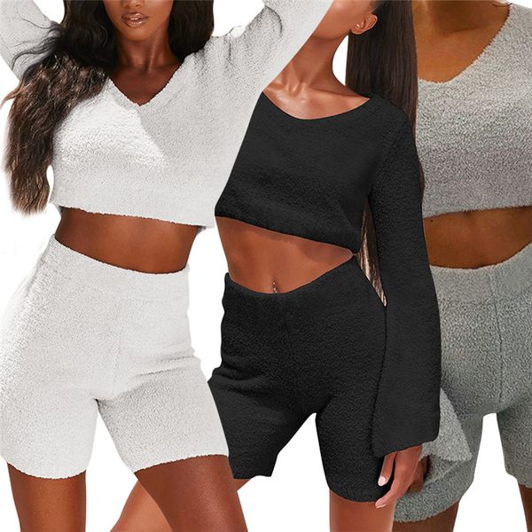 

solid color womens tracksuits casual long sleeve o neck crop 2 piece shorts set womens two piece outfits, Gray