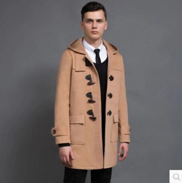 

s-6xl 2020 spring autumn casual men's medium-long plus size cashmere outerwear preppy style horn button with a hood wool coat, Black