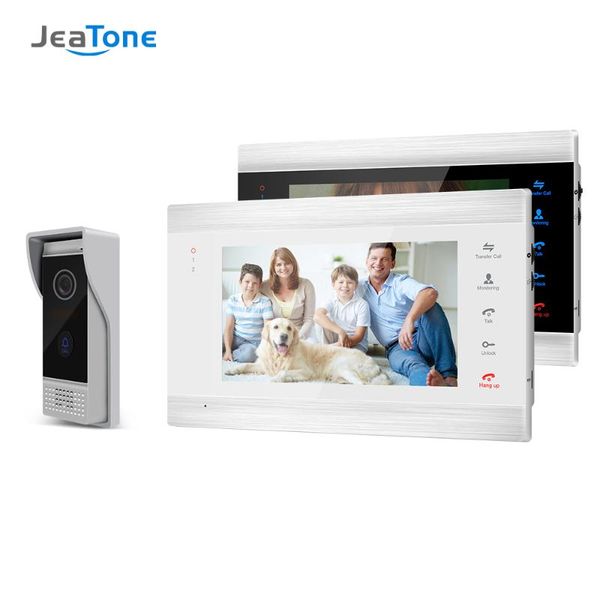 

video door phones jeatone 7 inch tft wired smart doorbell intercom system with 2 night vision monitor + 1x1200tvl rainproof phone