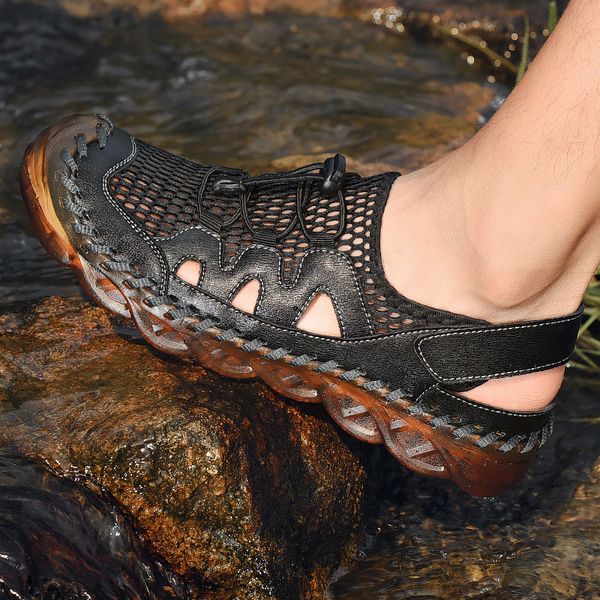 

2020 new mens sandals mens summer new leather baotou porous shoes breathable soft leather sandals fashion beach shoes cross-border large siz, Black