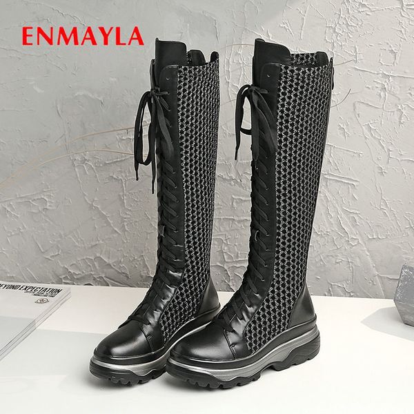 

enmayla 2020 platform boots genuine leather knee-high women boots round toe lace-up motorcycle winter women shoes 34-39, Black