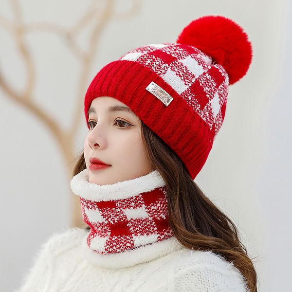 

beanie/skull caps 2 pcs woman beanies winter outdoor warm knitted apparel set windproof plaid round wool cap hairball plush thickened necker, Blue;gray