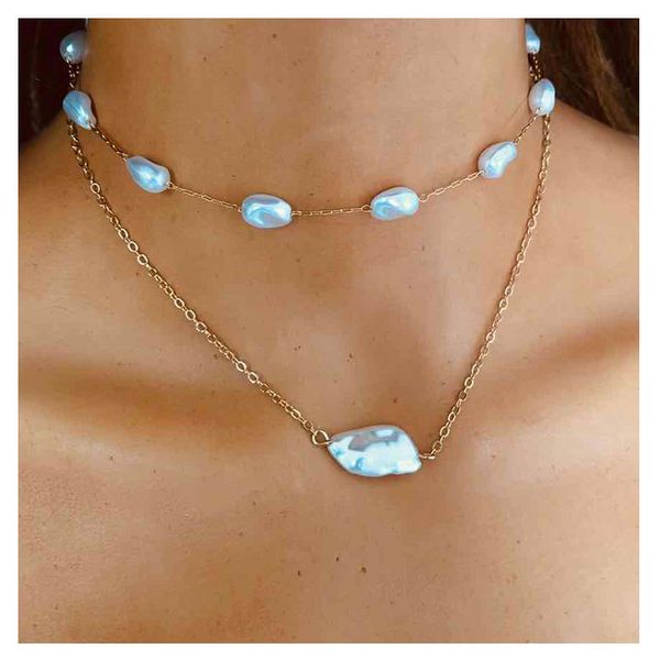 

double layer gold color thin chain choker necklaces fine fashion irregular freshwater pearl pendant necklaces for women bijoux, Silver