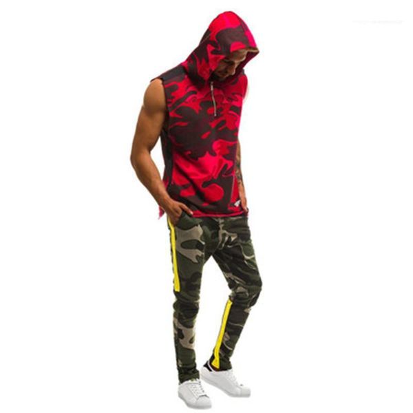 

sleeveless tracksuit casual men camouflage printing trend men hooded zipper cardigan shorts slim colorblock sports men track suit, Gray
