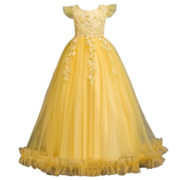 

girls lace high-end long dress wedding flower girl elegant flying sleeve dress adolescent christmas prom gorgeous focus, Red;yellow