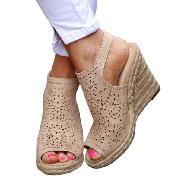 

casual wedge heel fish mouth daily vintage ladies straw braided buckle strap dating hollowed out women sandal soft pu leather, Black